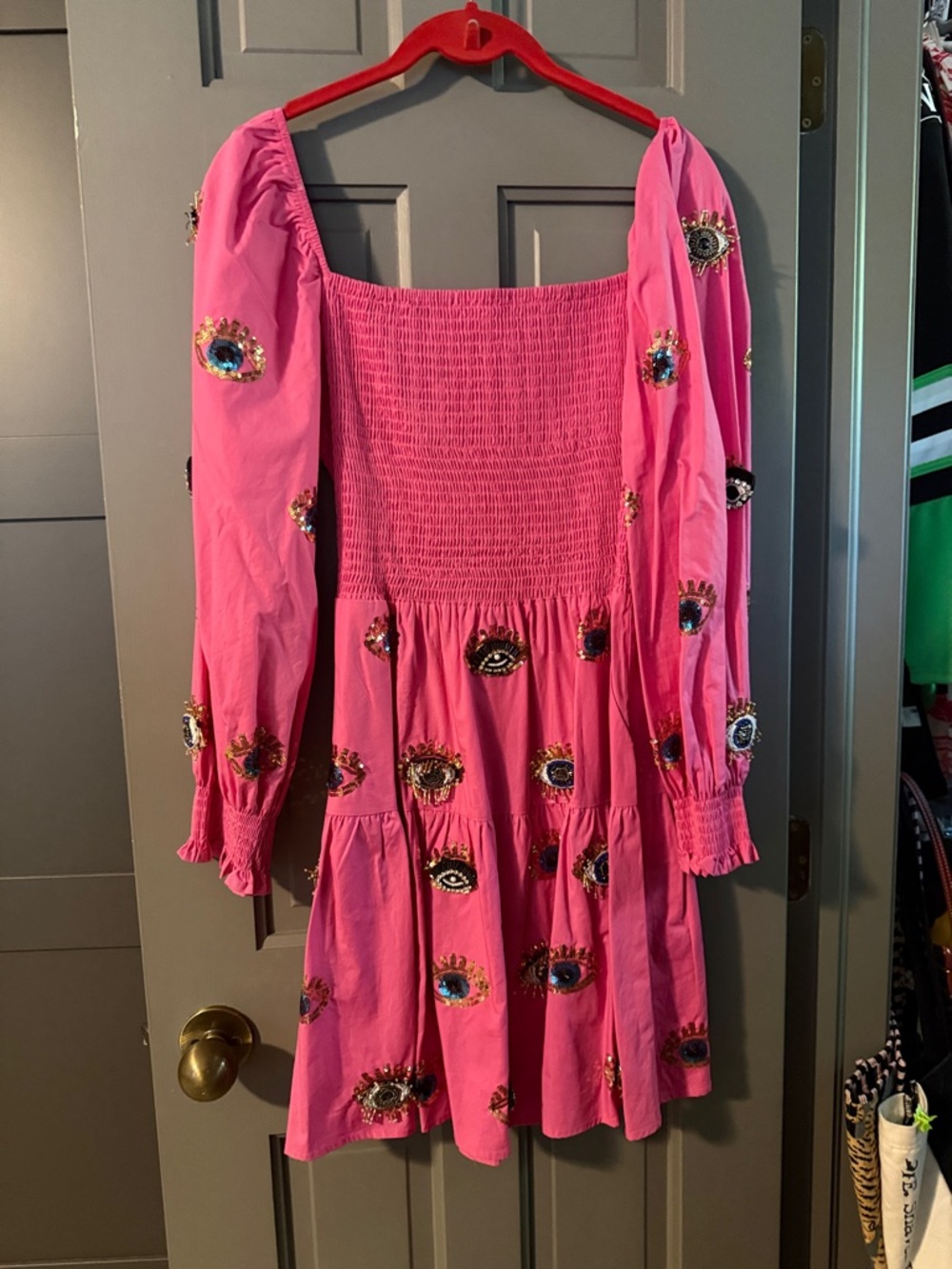QUEEN OF SPARKLES Hot Pink Embellished Eye-Detail Smocked Dress